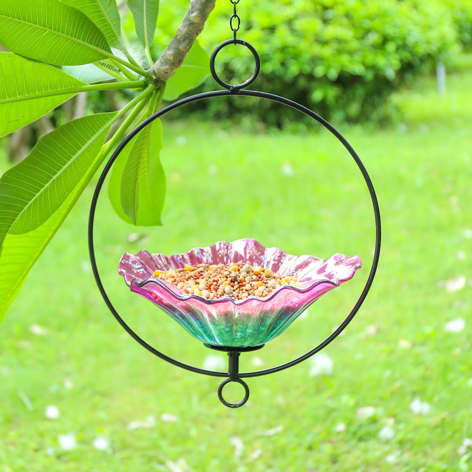 Outdoor Bird Bath,Hanging Glass Bird Bath Feeder with Metal Ring Frame–Colorful Flower-Shaped Birdbath,for Garden,Yard,Outdoor Decor