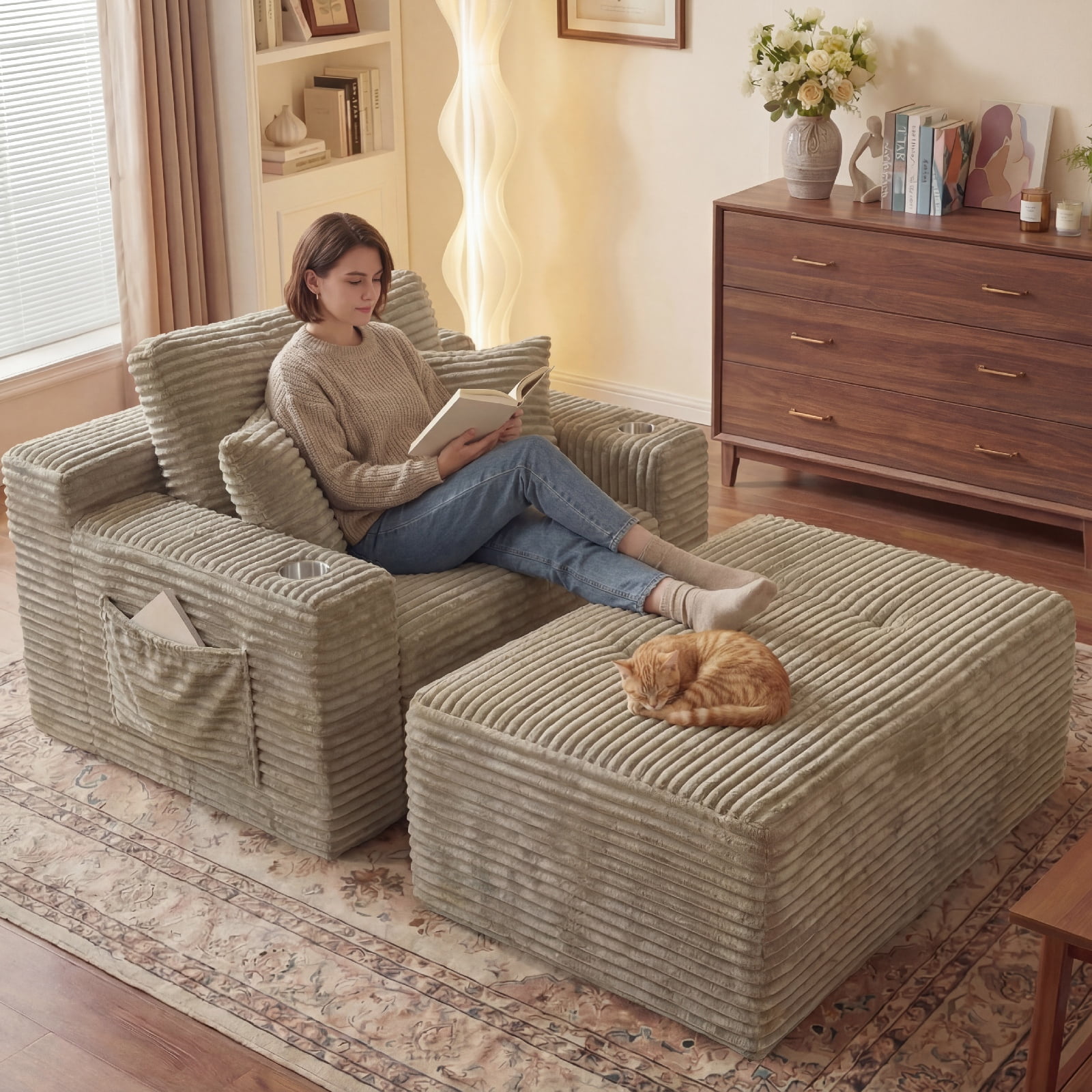 Cubente 67" Chaise Lounge Chair Indoor,Boneless Sofa Bed, Deep Seat Sleeper Couch Reading Chairs, Cloud Couches with Cup Holder & Side Pocket for Living Room, No Assembly Required