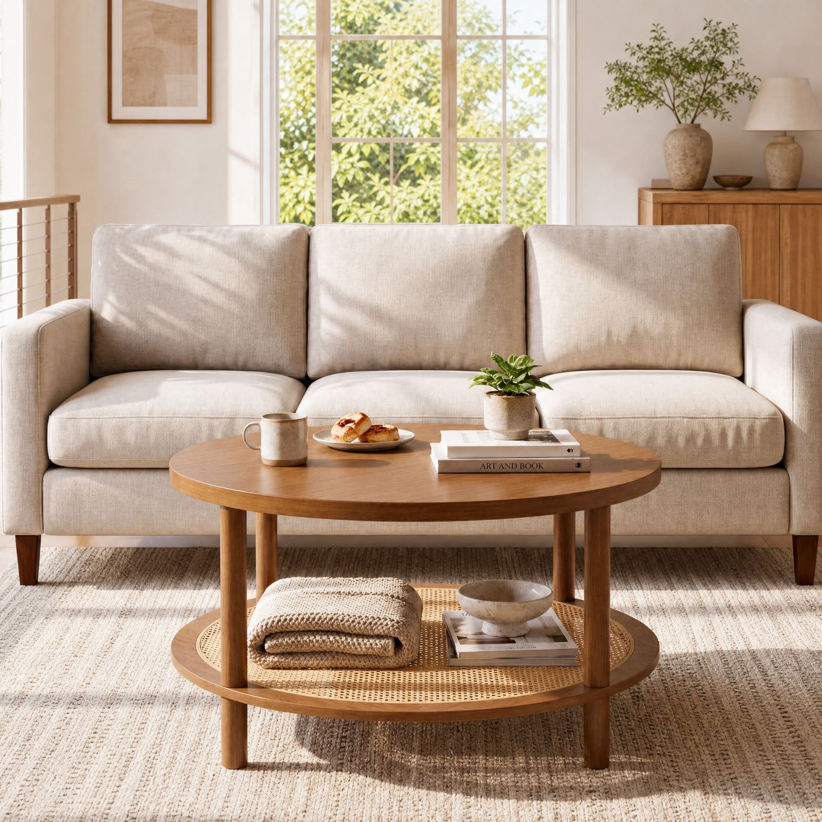 Furnibear 2 Tier Boho Round Rattan Coffee Table with Storage Shelf Rubber Wood Legs and Thickened Top for Living Room, Walnut
