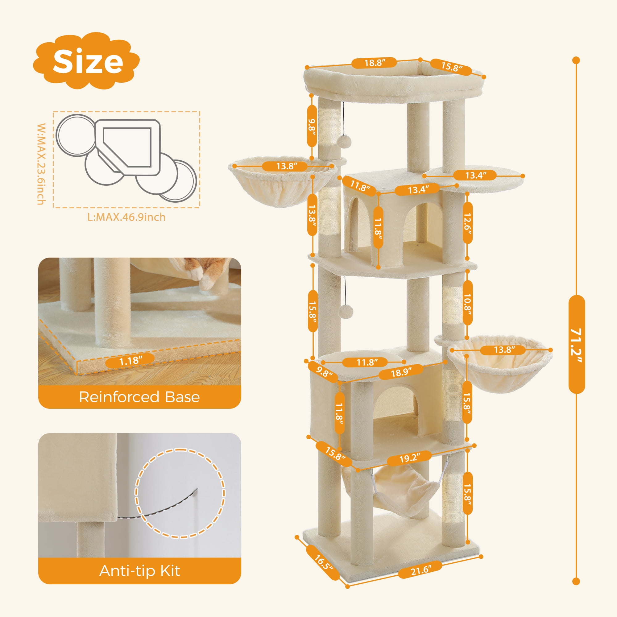 Pefilos 70" Tall Cat Tree Tower with Hammock, 5 Scratching Posts, 2 Condos and a Large Top Perches for Large Cats, Beige