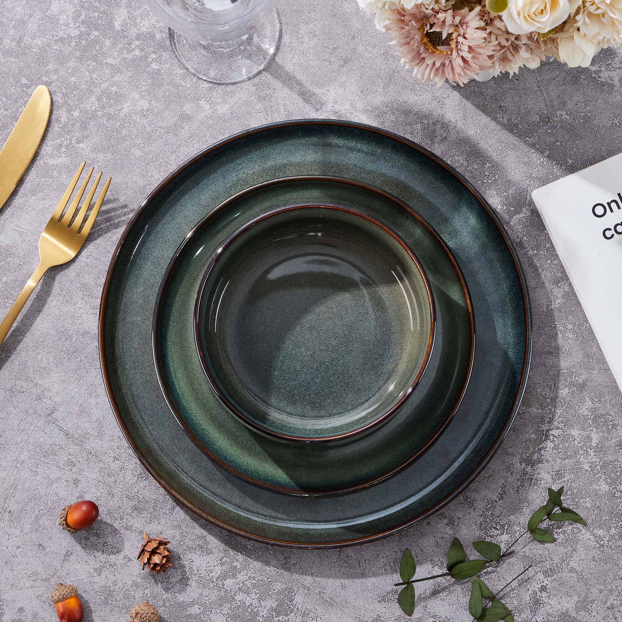Vesteel Dinnerware Sets for 4, 12-Piece Stoneware Dish and Bowls Set, Handmade Reactive Glaze Coupe Plates Set for Family, Chip & Scratch Resistant - Sage Green