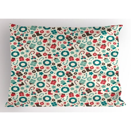 Decorative Symbols Christmas Pillow Sham Retro Style Traditional New Year Party Symbols Holly Wreath Socks, Decorative Standard Size Printed Pillowcase, 26 X 20 Inches, Teal Dark Coral Dark Brown, by Ambesonne ()