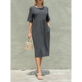 thumbnail image 4 of Women Empire Waist Midi Sundress Summer Casual Boho Beach Dresses Crew Neck Half Sleeve Long Dress with Pockets, 4 of 9