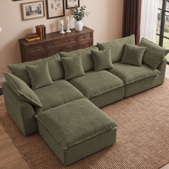 130" Modular Cloud Sectional Sofa, 4 Seat Oversized Deep Seat Chenille Couch with Movable Ottoman & 4 Throw Pillows, Anti-Slip Bottom, Olive Green for Living Room Apartment