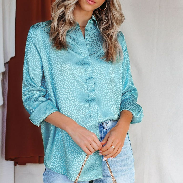 Satin Button Down Shirts for Women Fashion Leopard Print Long Sleeve Blouse  Tops Casual Dressy Collared Work Tops 
