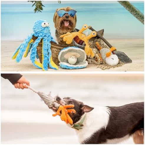 Crinkle Squeaky Octopus Dog Toy - Ocean Theme Stuffed Interactive Rope Toys for Small, Medium & Large Dogs, Durable for Aggressive Chewers (Crab)