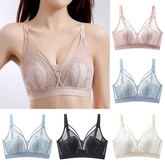 SMihono Women's Full Coverage Floral Lace Wire Free Bra Plus Size Non Padded Comfort Bra See Through Push Up Bralettes Blue L