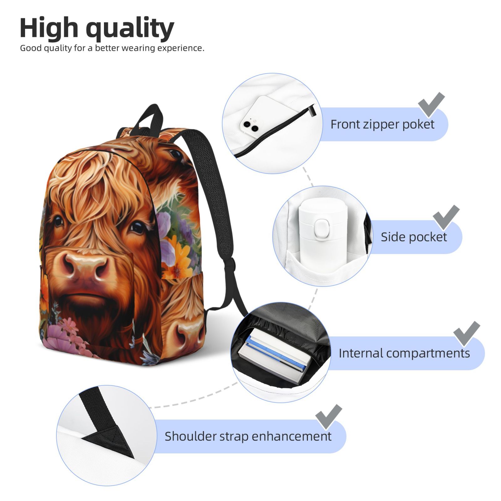 Ratiio Countryside Colorful Floral Cow Print Canvas Backpack for Women & Men Retro Aesthetic Rucksack Basic Backpack for High School/College Students Travel Laptop Bag