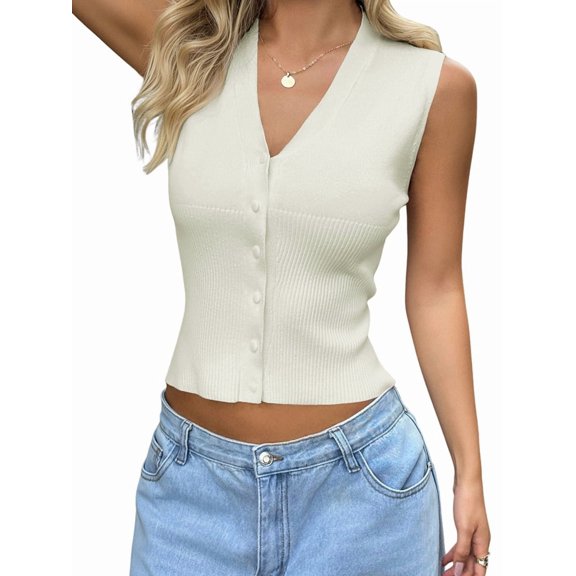 Womens Vest Tops Knit Sleeveless Sweaters Button Down V Neck Casual Clothes Trendy Summer Outfits Cream White M