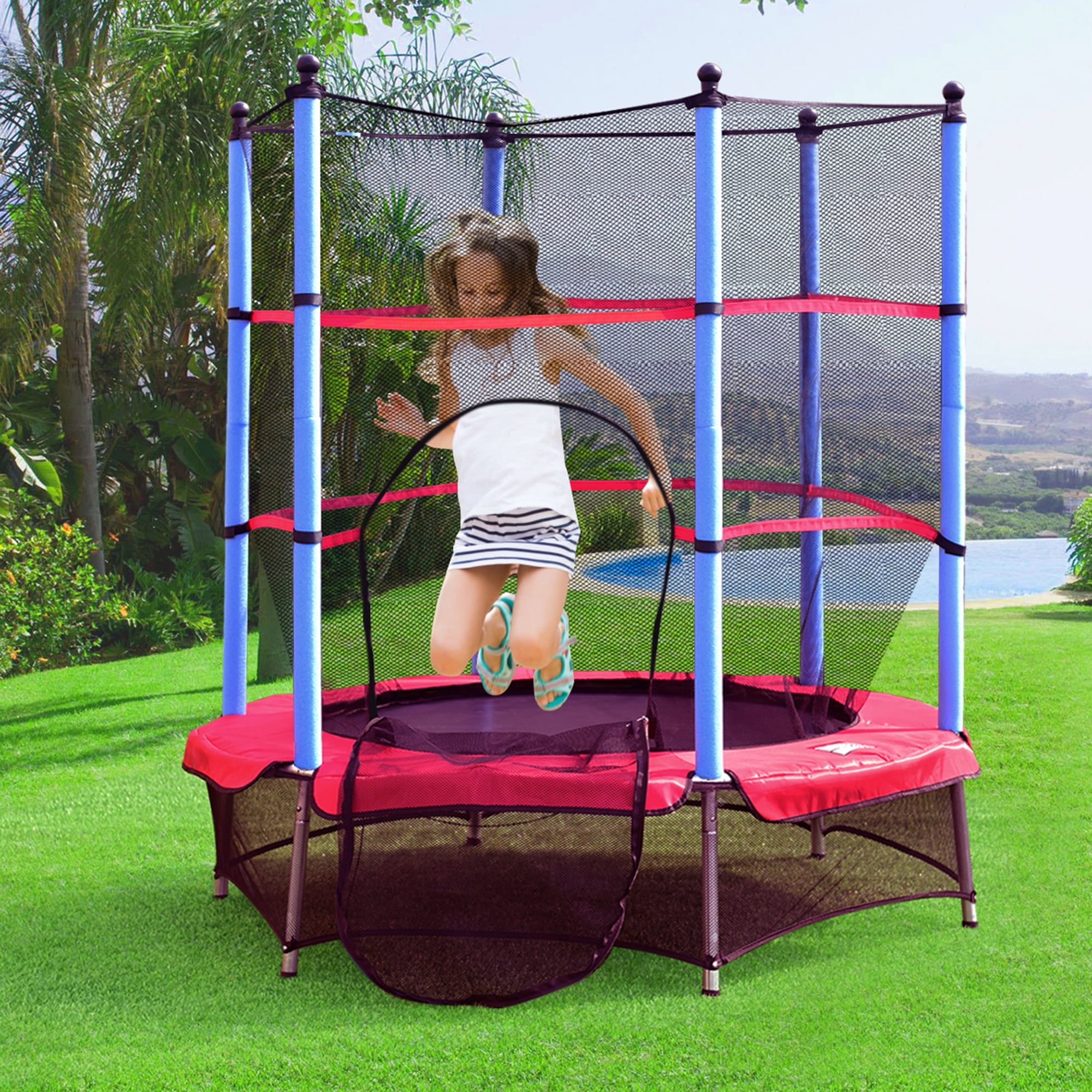Topbuy Kids Round Jumping Trampoline Combo Bed Trampoline w/ Safety Enclosure Net Blue
