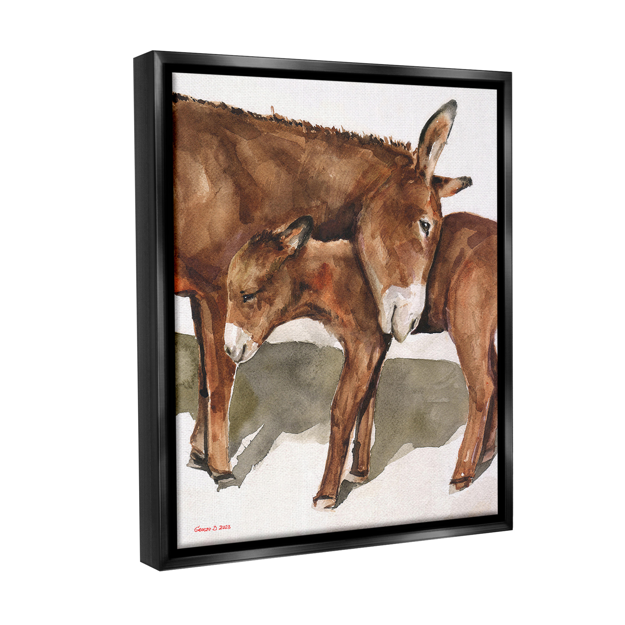 Stupell Industries Cuddling Donkey & Foal Animals & Insects Painting Black Floater Framed Canvas Art Print Wall Art, 17 x 21