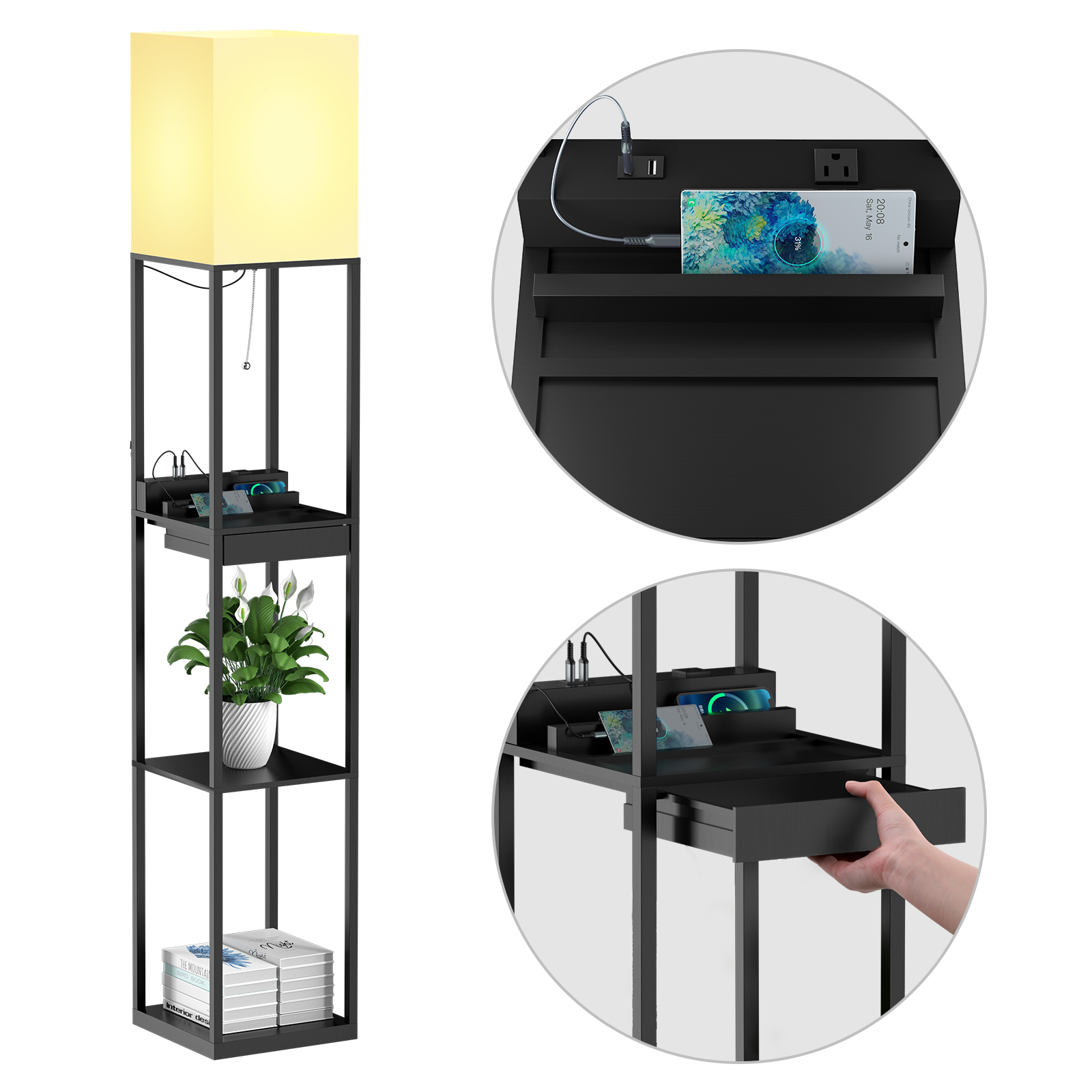 SUNMORY Modern Dimmable Solid Wood Shelf Floor Lamp Suitable for