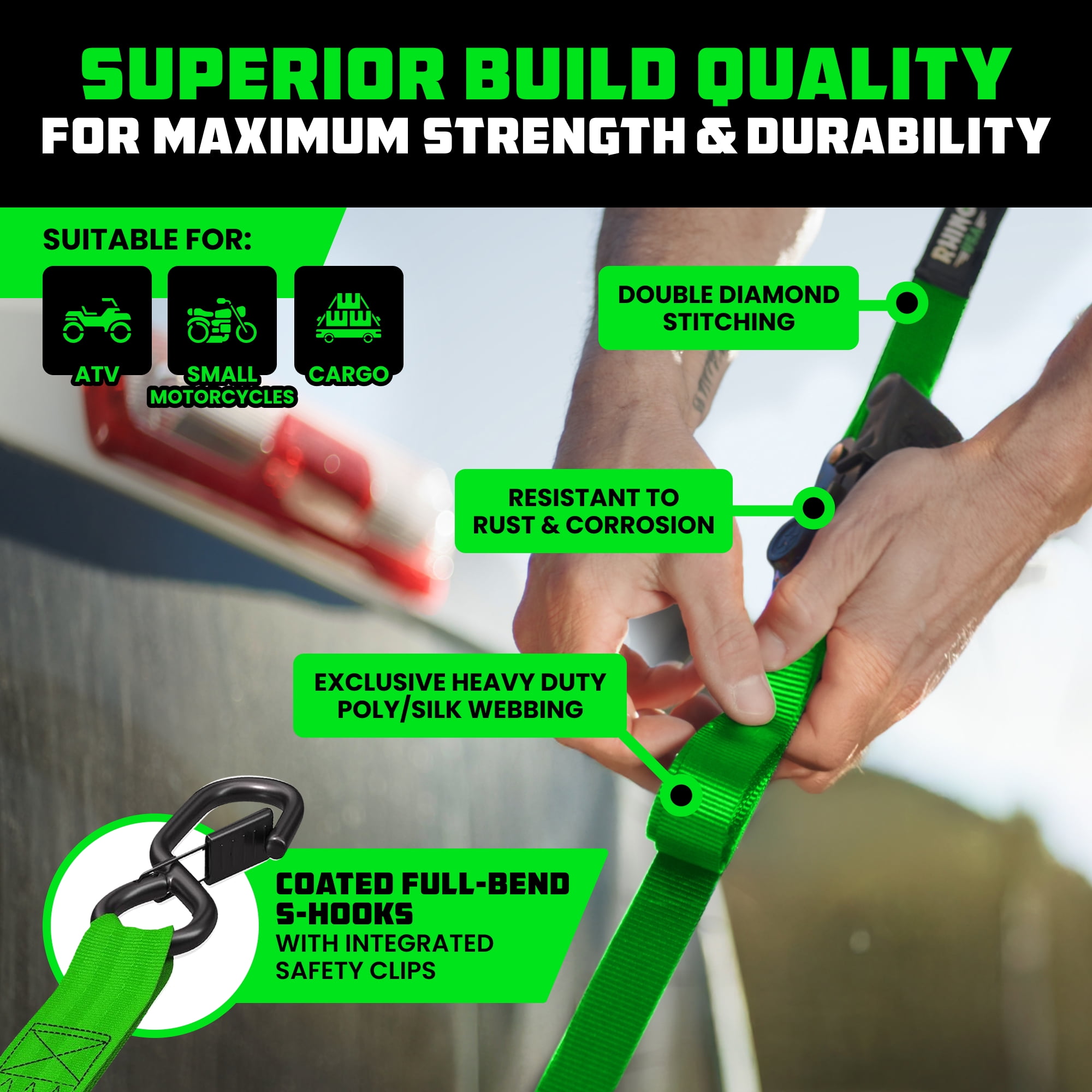 Rhino USA 1" x 10' Retractable Ratchet Straps 1,209lb Break Strength (Green 4-Pack)