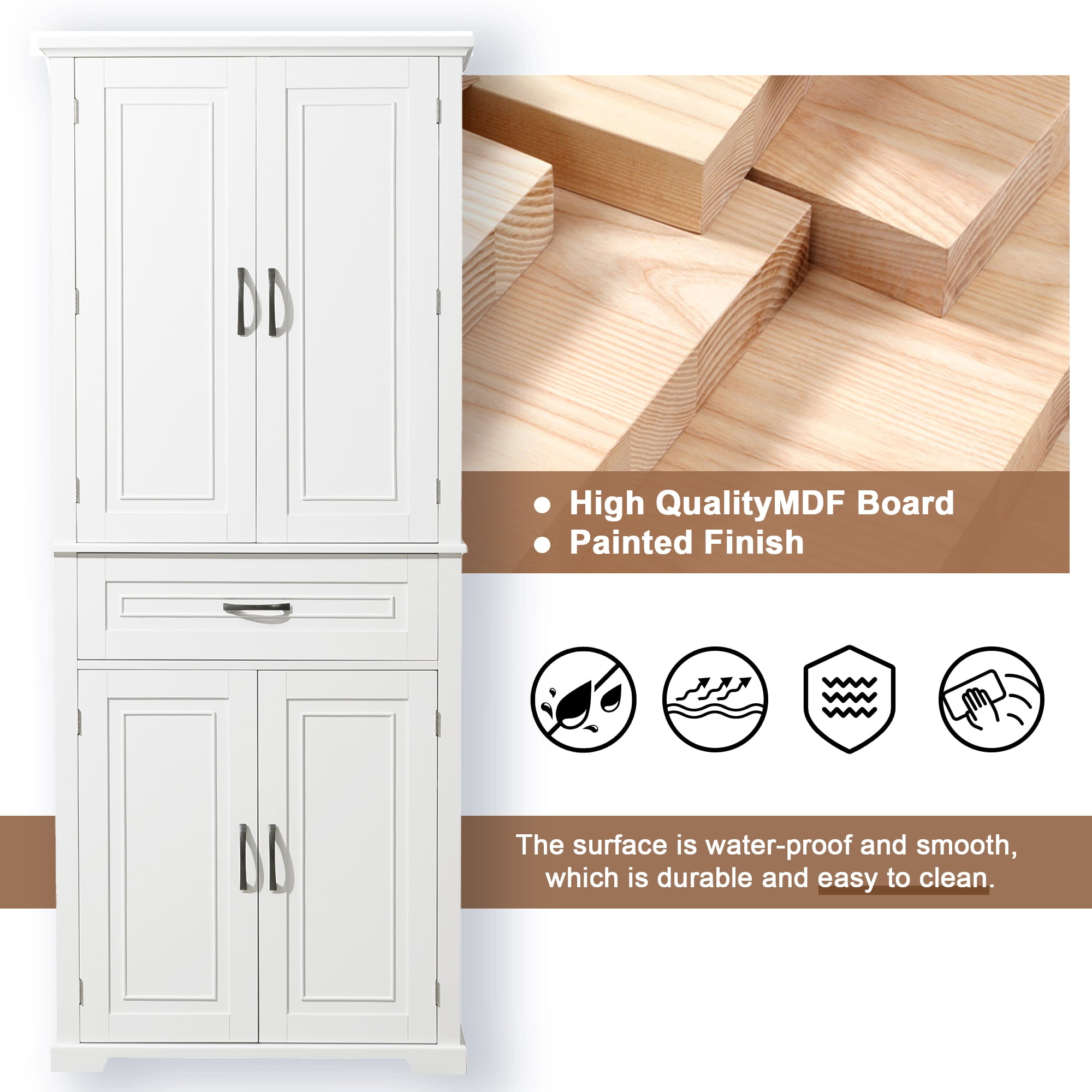 MAYEERTY Bathroom Cabinet Doors Drawer Multiple Storage Adjustable Shelf White