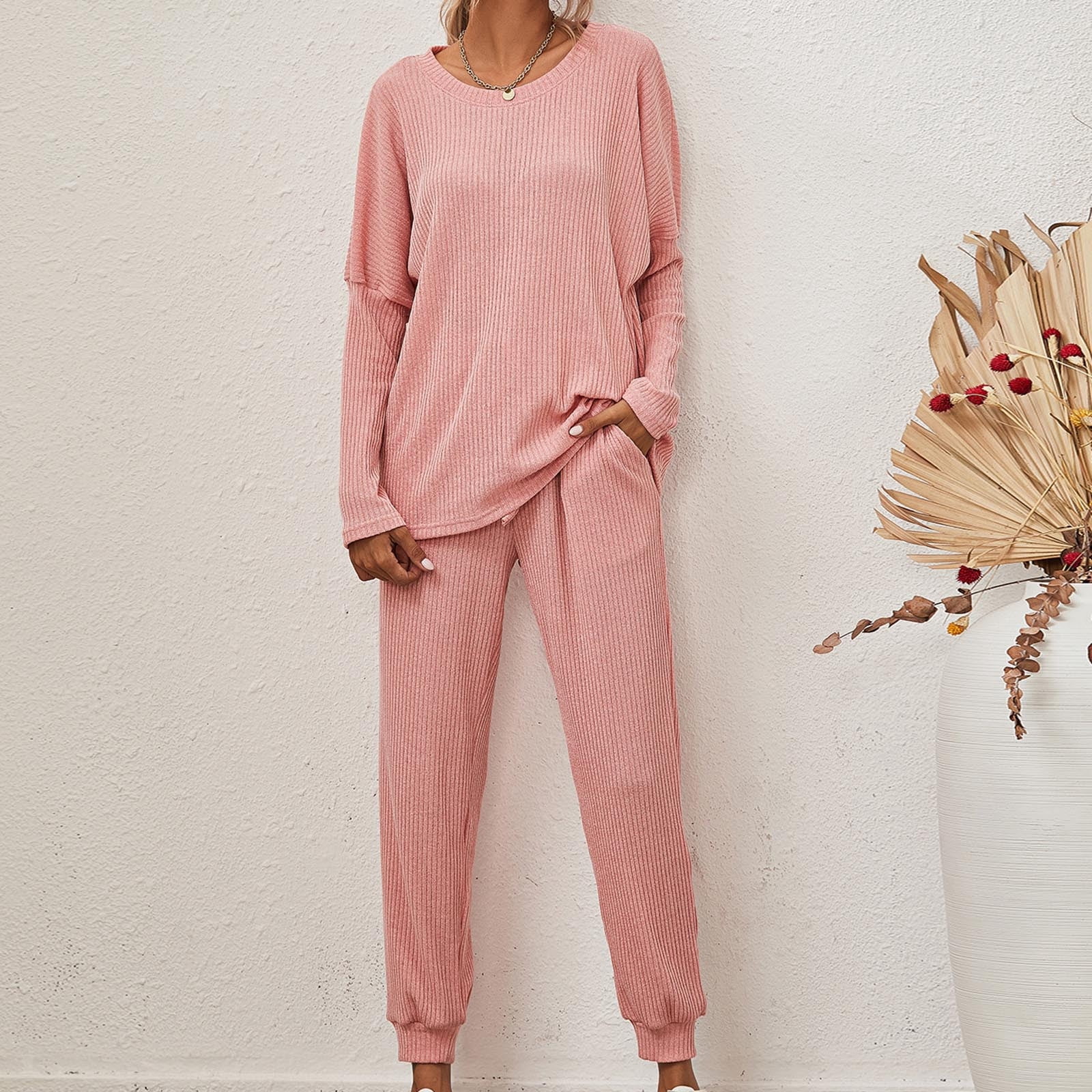 Two Piece Pants Set for Women Casual Plus New Ribbed Knit Lounge Sets for Women 2 Piece Pajamas Long Sleeve Pullover Tops and Joggers Pants Sleepwear Pinky 4XL
