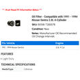 thumbnail image 2 of Oil Filter - Compatible with 1991 - 1994 Nissan Sentra 2.0L 4-Cylinder 1992 1993, 2 of 2