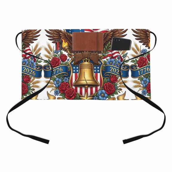 250 Years of Freedom Kitchen Restaurant Half Waist Apron, Bald Eagle Bell Flower American Flag Server Short Apron with 3 Pockets Waterproof Oil Waist Aprons for Women Waitress Waiter