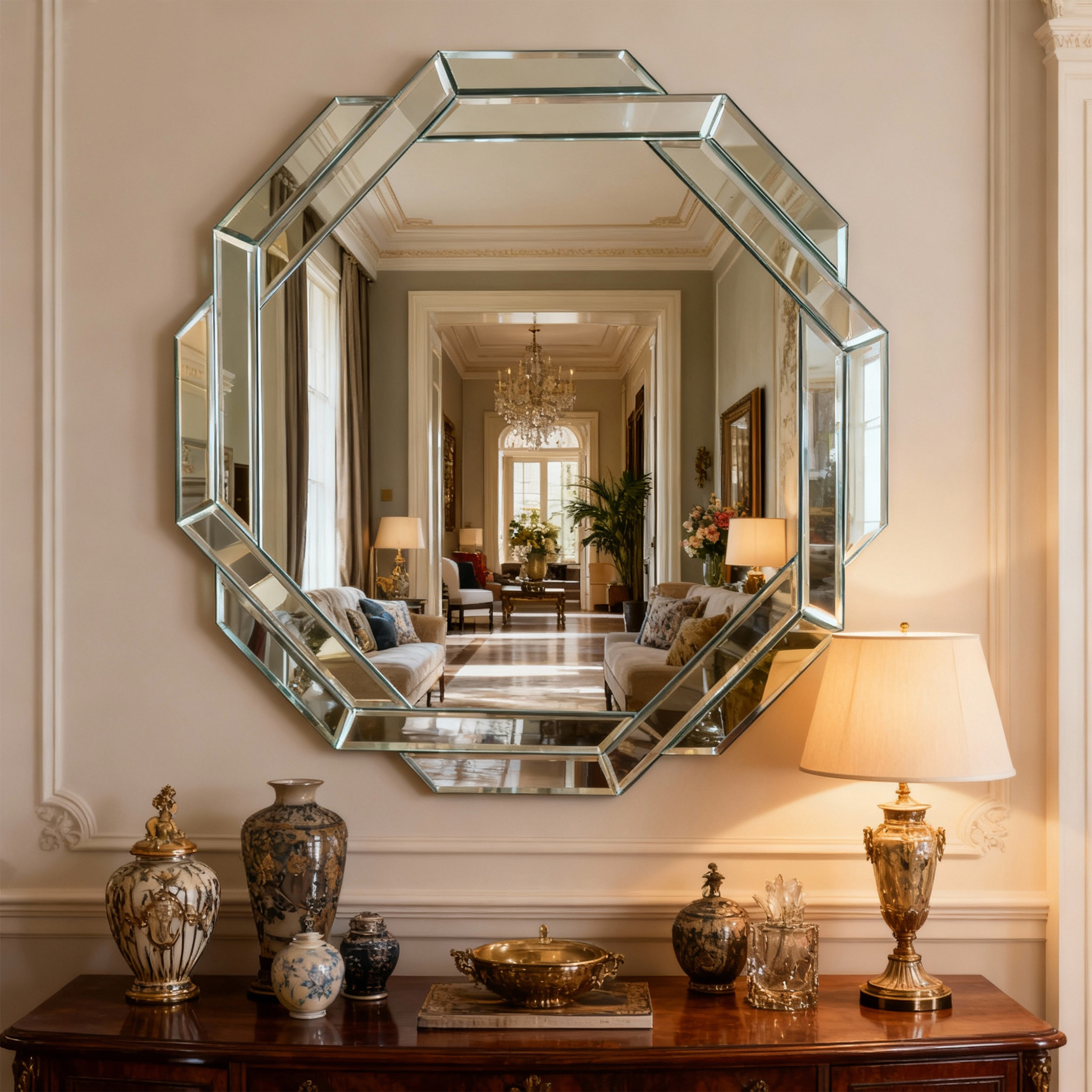 Noble House 29.92" Octagonal Wall Mirror, Frameless Beveled Edge Mirror for Living Room and Bathroom Decor,Silver