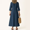 thumbnail image 4 of UoCefik Women's Linen Dresses Business Flowy V Neck Maxi Long Dress Elegant Fall 3/4 Sleeve Sundress Modest Casual Vacation Beach Dresses Navy S, 4 of 5