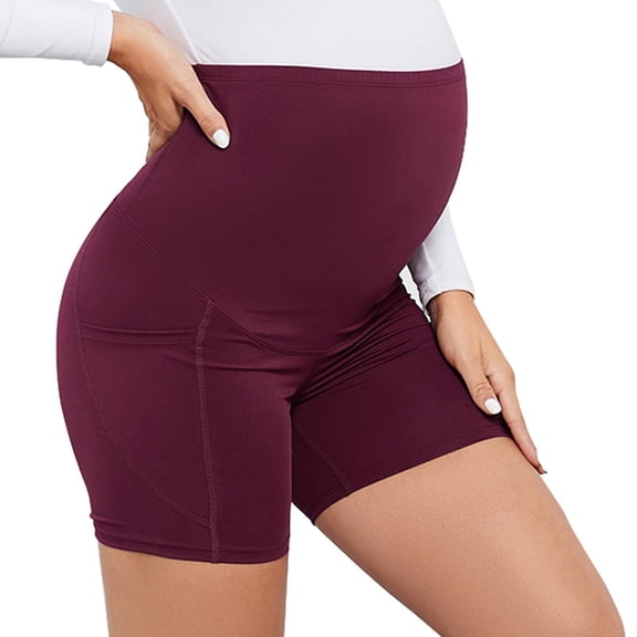 Crunowin Women's Maternity Shorts, Belly Lift & With Pockets High-Waisted Solid Color Workout Shorts Wine XXL