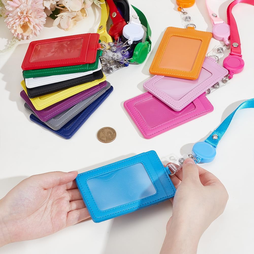 24 Pack PU Leather Badge Card Holder Colorful Retractable Lanyards with Vertical ID Card Badges Name Tag Holder Holder with Clear Multi-color