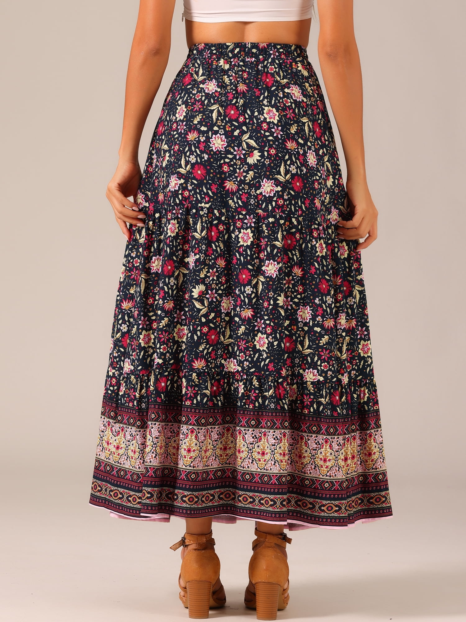 DARING DIVA Women's Boho Flare Floral Skirt XL Black