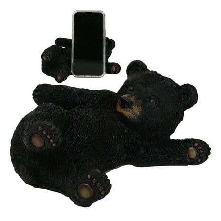 Whimsical Rustic Western Black Bear Cub Stretching Cell Phone Holder Figurine