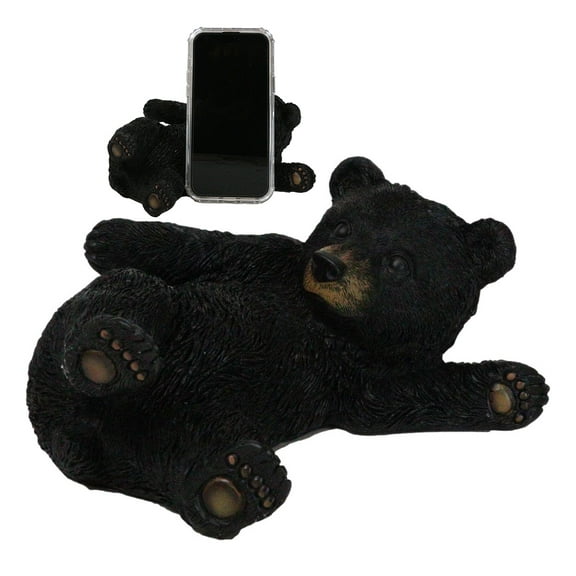 Whimsical Rustic Western Black Bear Cub Stretching Cell Phone Holder Figurine