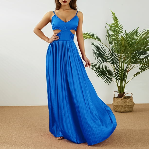 Txlixc Vestido largo para mujer, correa de espagueti, sin mangas, sin espalda, con cuello en V y plisado Txlixc Moda