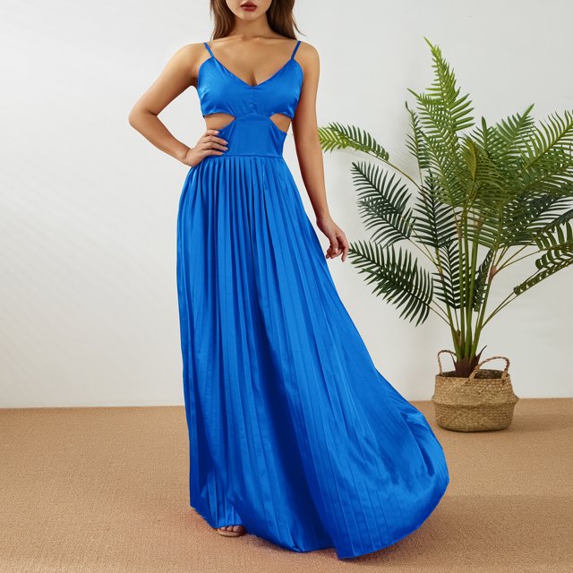 SAYOO Vestido largo para mujer, correa de espagueti, sin mangas, sin espalda, con cuello en V y plisado SAYOO Moda