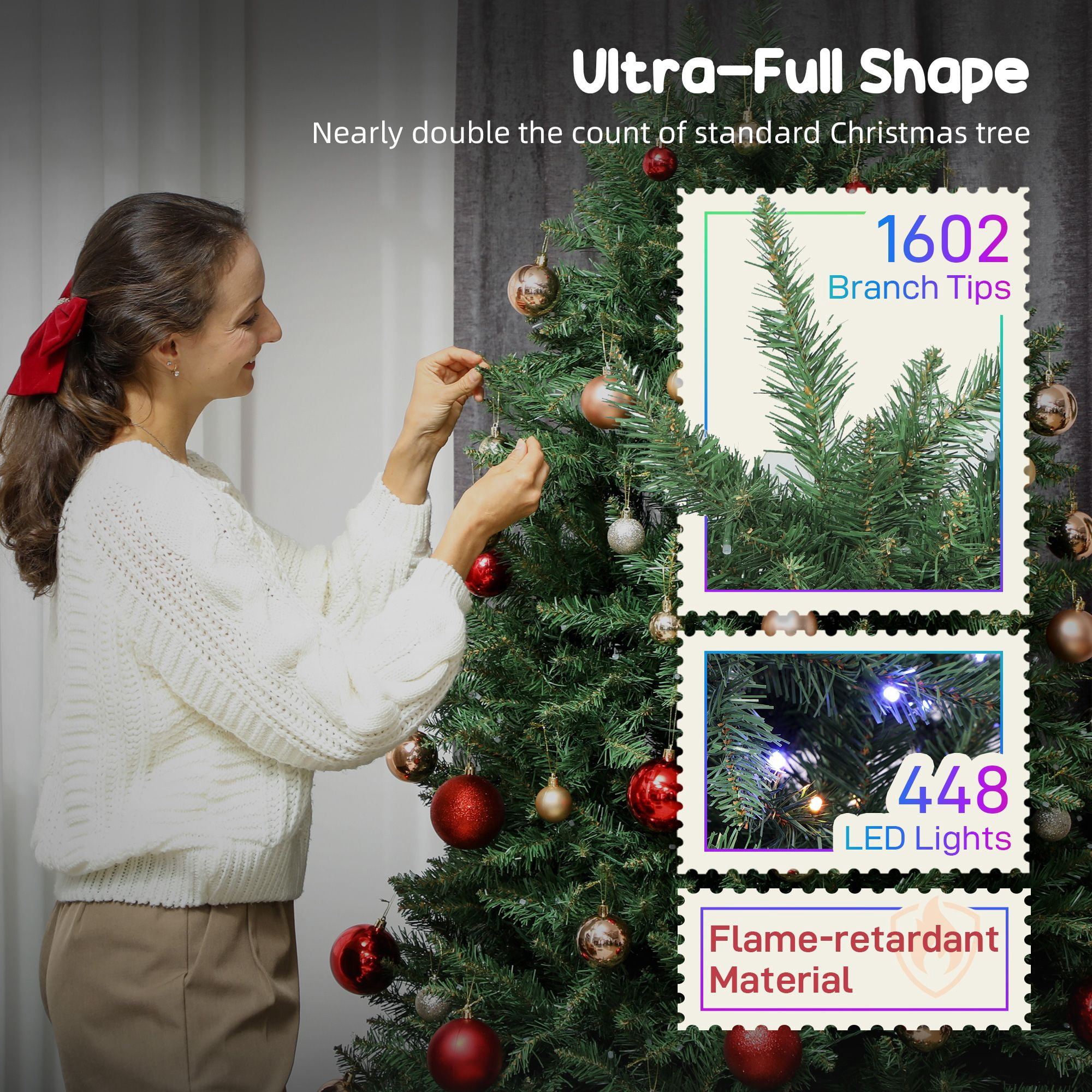6 ft Prelit Christmas Tree with 448 Full-Spectrum LEDs, Smart App Control, Hinged Branches, 1602 Tips, Indoor Holiday Decoration