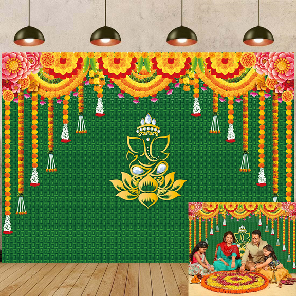 8x6FT Indian Pooja Backdrop Diwali Party Decorations Marigold Green Chatiya Ganesh Traditional Festival Photography Background Puja Ganpati Wedding Party Supplies Photo Props