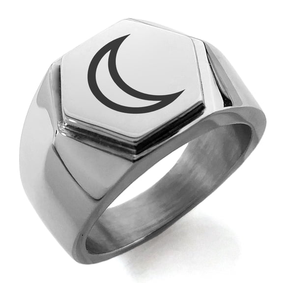 Stainless Steel Solar System Planetary Moon Engraved Hexagon Crest Flat Top Biker Style Polished Ring