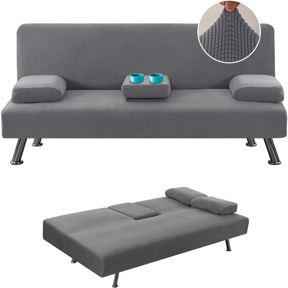 4 Pieces Stretch Futon Sofa Bed Slipcovers with Removable Armrests and Cupholders, High Spandex Small Checks Jacquard Fabric, Grey
