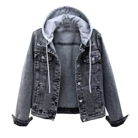 

Jean Jacket for Women Stretch Denim Jacket Slim-fit Hooded Oversize Vintage Long Sleeve Button Up Boyfriend Denim Jacket coat