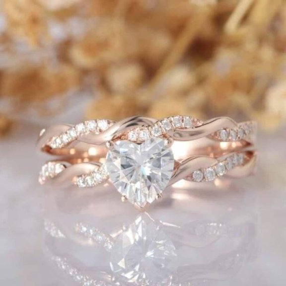 Bluebell Jewels 14K Rose Gold Finish Heart Cut CZ Engagement Ring Set Bridal