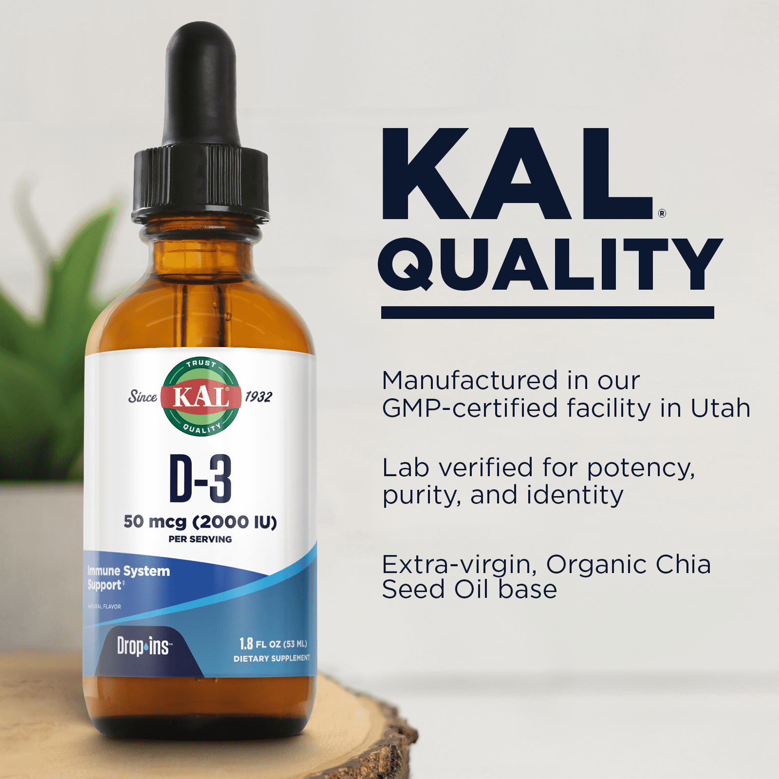 KAL Vitamin D-3 2000 IU Dropins in Organic Chia Seed Oil, Natural Blueberry | Healthy Immune & Bone Support | 590 Serv.