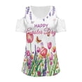 thumbnail image 5 of POLERO Easter Cold Shoulder Tops for Women Tulip Floral Print Summer Short Sleeve Shirts Ladies Ruched Blouse Classic Sexy V Neck Tunic Cut Out Design Soft Lightweight S, 5 of 7