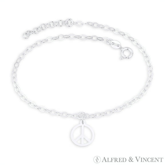 12mm Peace Sign & 2.5mm Flat Cable Link Chain Italian Charm Anklet in .925 Sterling Silver