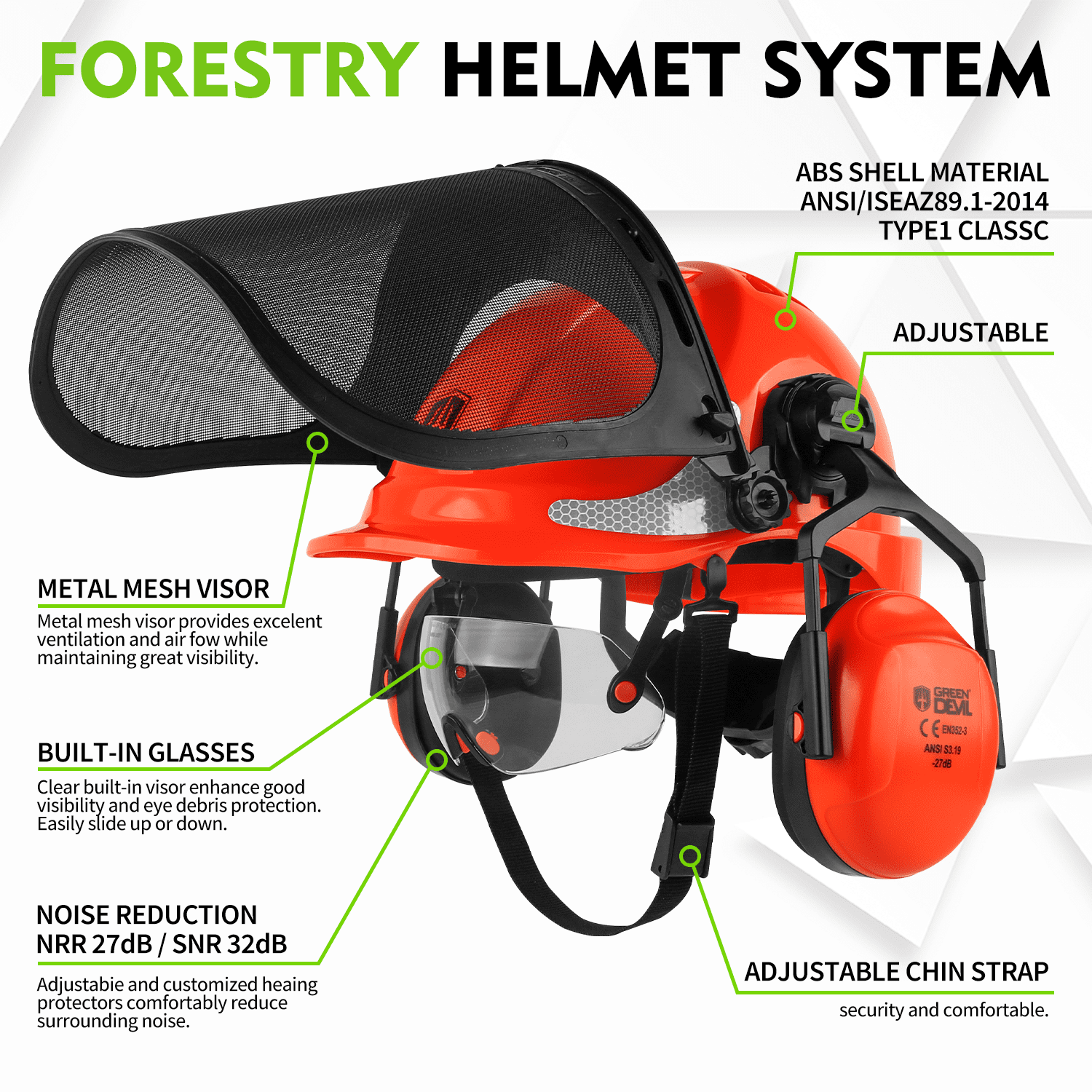 GREEN DEVIL Chainsaw Safety Protective Helmet Forestry Helmet with Build-in Visor Mesh Face Shield Ear Muffs 4 in 1 Ideal for Arborist Tree Work DIY Outdoor Logging Hard hat