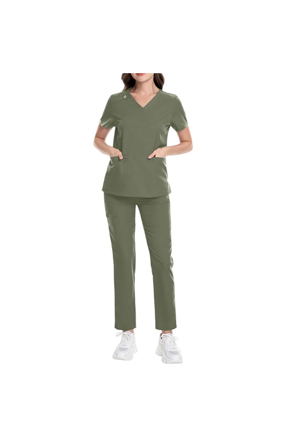 Womens Scrubs Sets Army Green Stretchy Nursing Uniform Short Sleeve V-Neck Scrub & Jogger Pants Solid Color Medical Scrub Sets with Multi Pocket Army Green XXL