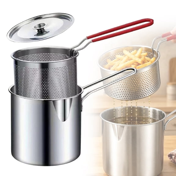 YardChic 1.7L Stainless Steel Deep Fryer Pot with Basket & Strainer and Lid, Oil Filter Pot, Stainless Steel Deep Fryer Pot for Fries, Chicken, Home Kitchen Cooking and Camping Meal Preparation
