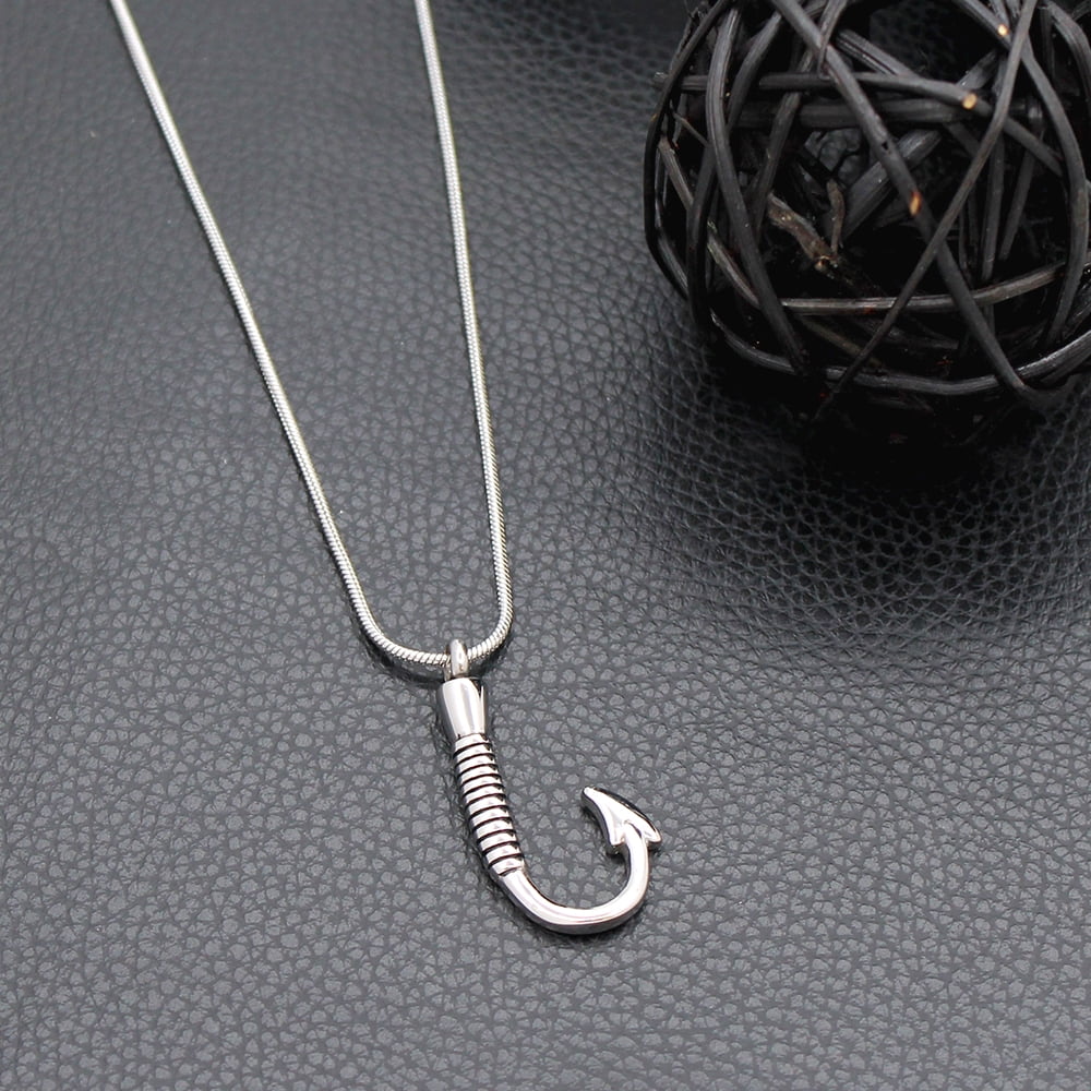 Memorial Necklace Premium Silver Fishing Hook Ashes Container Stainless Steel Cremation Jewelry with Free Funnel kit and Velvet Jewelry Box