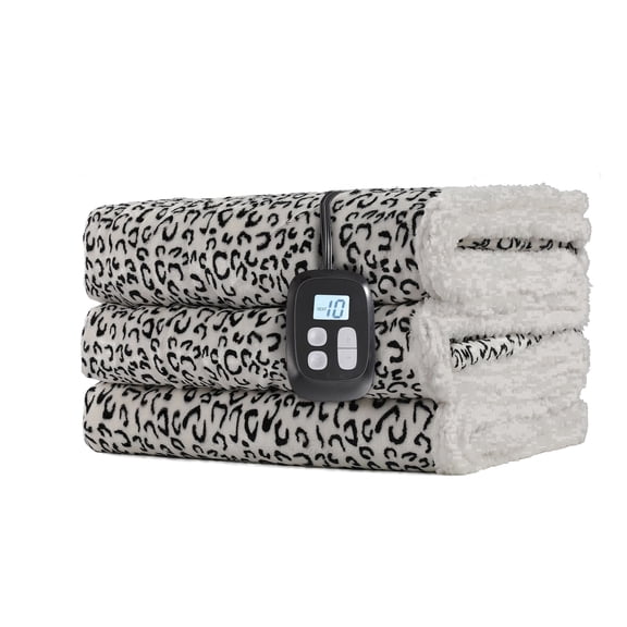 SUNNY HEAT Heated Electric Blanket Full Size 72'' x 84'' 10 Heating Levels & 1-12 Hours Auto Off , Leopard Black & White