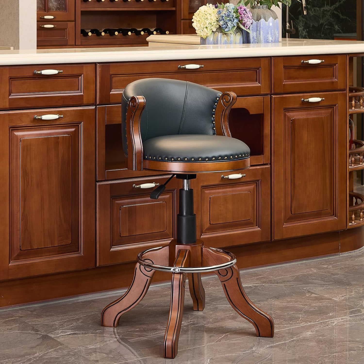 AULIFE Adjustable Height Swivel Bar Stool with Full-Grain Leather, Solid Wood Frame and Footrest–Modern Design for Kitchen Island, Counter, or Home Bar