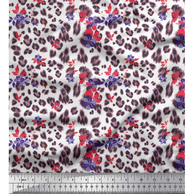 Soimoi polyester Crepe Fabric leaves,floral & leopard Animal Skin Decor Fabric Printed Yard 52 Inch Wide