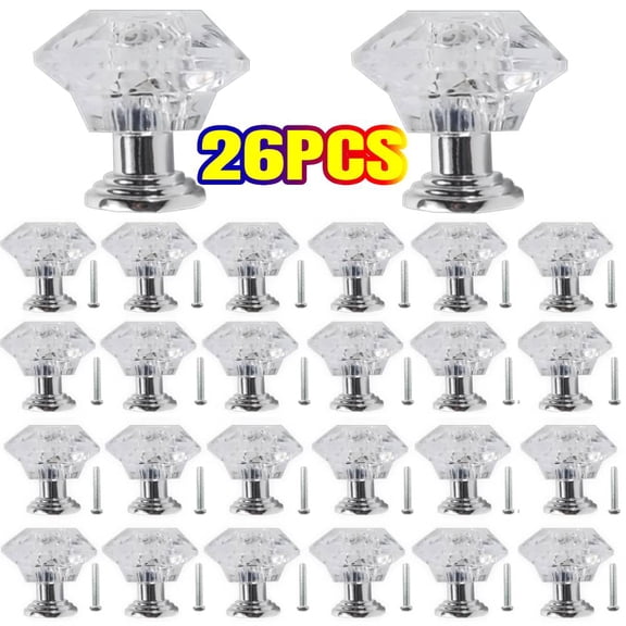 26 Pcs Diamond Shape Crystal Glass Cabinet Knobs with Screws Drawer Knob Pull Handle Used for Kitchen, Dresser, Door, Cupboard(0.95")