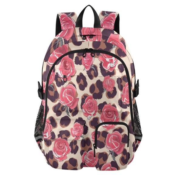 DIXRUYEE Leopard Print Rose Pattern Backpack for School 14”Laptop Compatible with Reflective Safety Strips