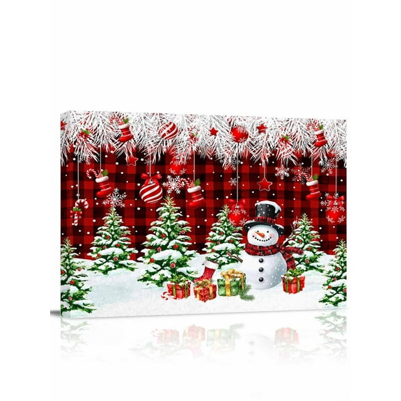 Christmas Snowman Canvas Print Wall Art Framed Canvas Art Wall Decor Xmas Tree Socks Ball Winter Red Plaid Pictures Painting Morden Artwork for Living Room Bedroom, Ready to Hang - 12"x16"