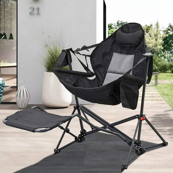 Autlaycil Camping Chairs, Oversized Hammock Chairs, Folding Rocking Chairs, Adjustable Back Swing Chairs, Cup Holder, Outdoor Beach Lawn, Black